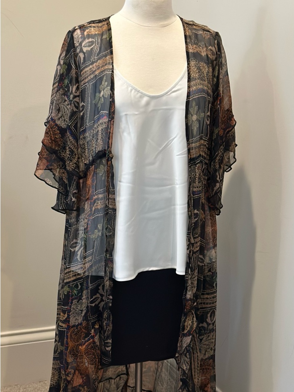 Sheer Boho Printed Silk Floral Kimono Duster